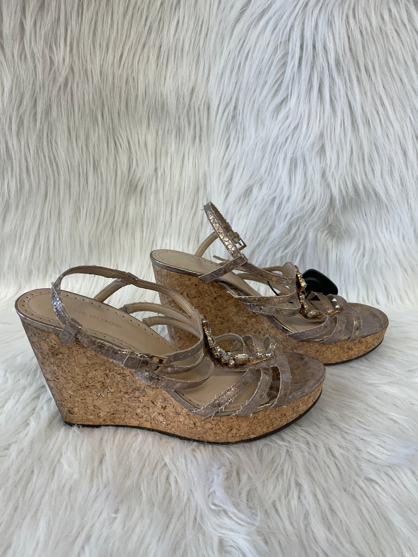 Brown & Gold Sandals Heels Wedge Adrienne Vittadini, Size 10