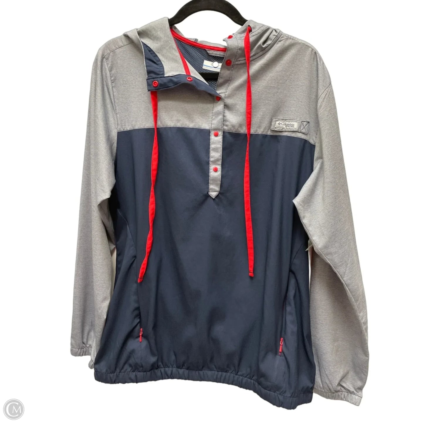 Jacket Windbreaker By Columbia In Blue & Grey, Size: M