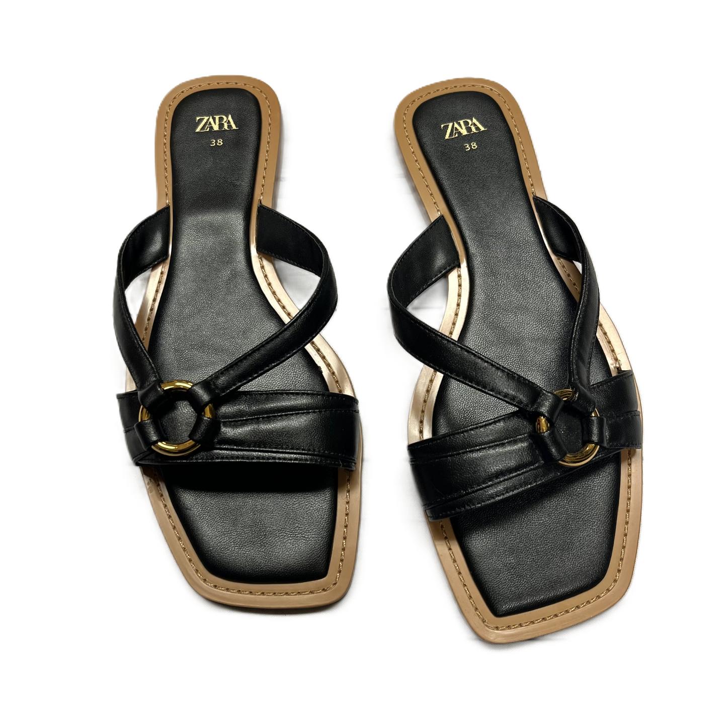 Black & Gold Sandals Flats By Zara, Size: 7.5