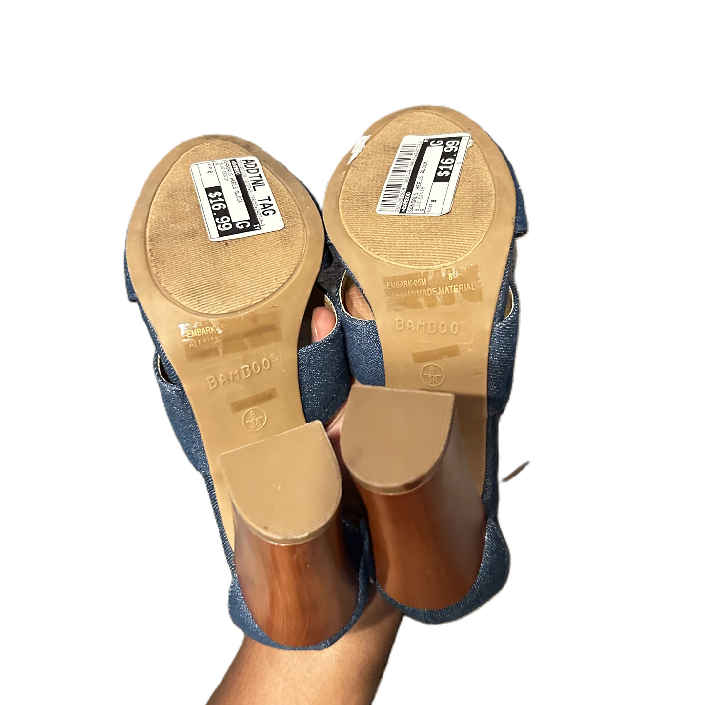 Blue Denim Sandals Heels Block By Bamboo, Size: 8