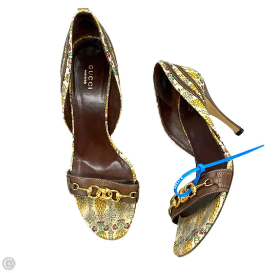 Sandals Luxury Designer By Gucci In Brown & Cream, Size: 9
