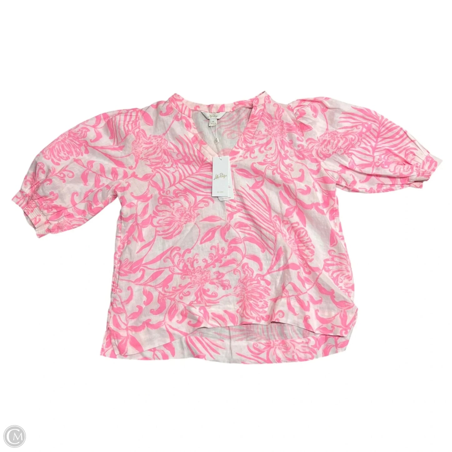 Top Short Sleeve Designer By Lilly Pulitzer In Pink & White, Size: L