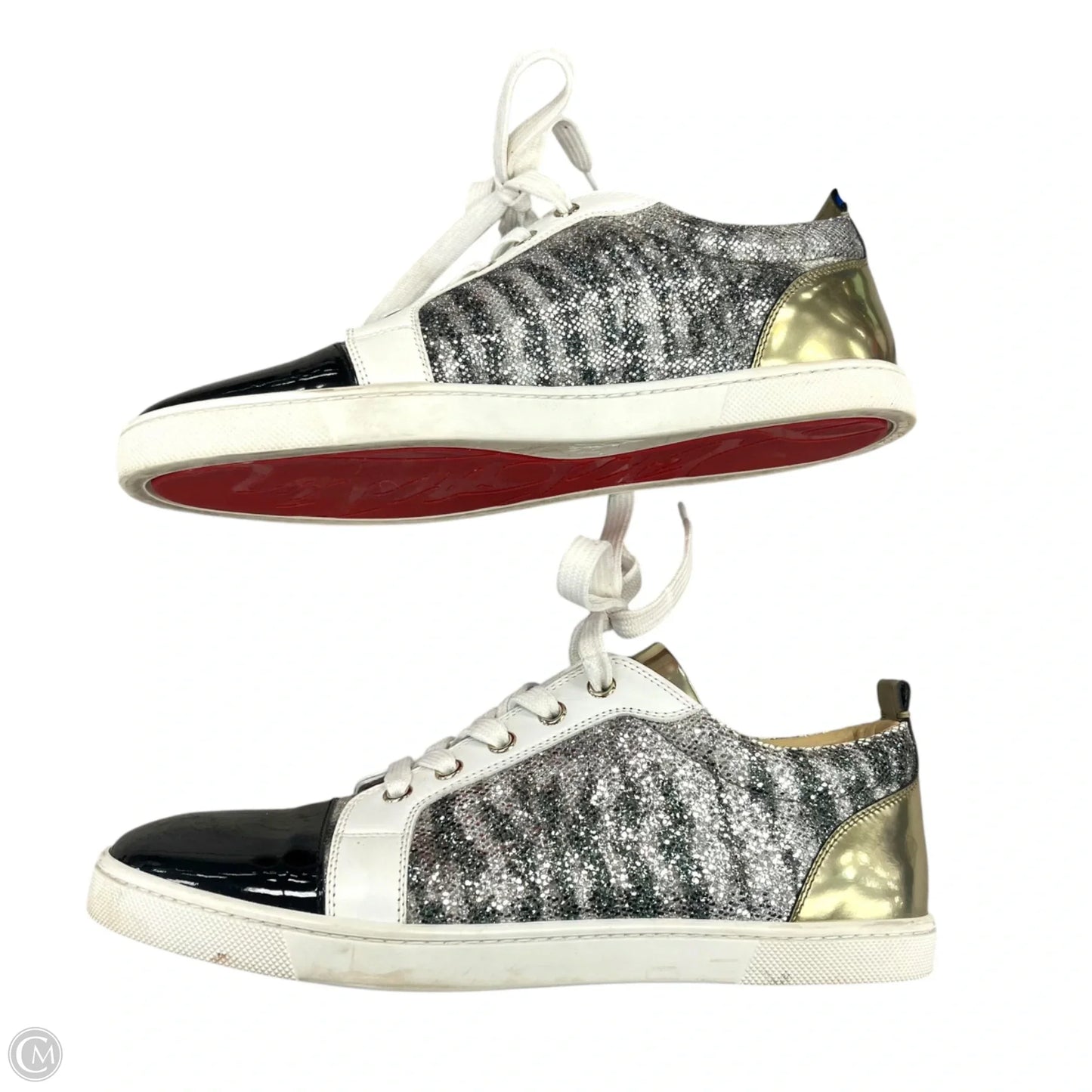 Shoes Luxury Designer By Christian Louboutin In Black & Gold, Size: 9
