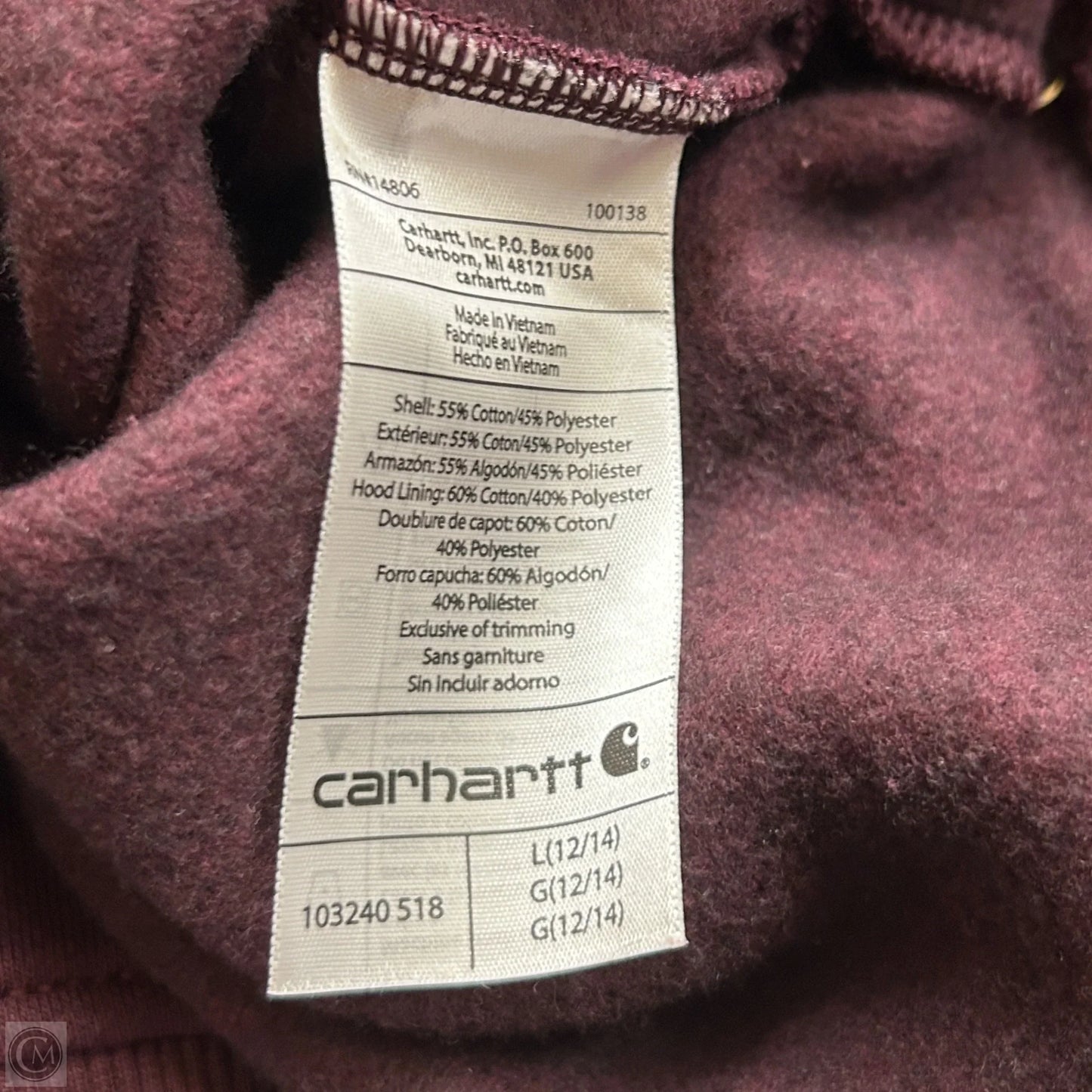 Sweatshirt Hoodie By Carhartt In Maroon, Size: L