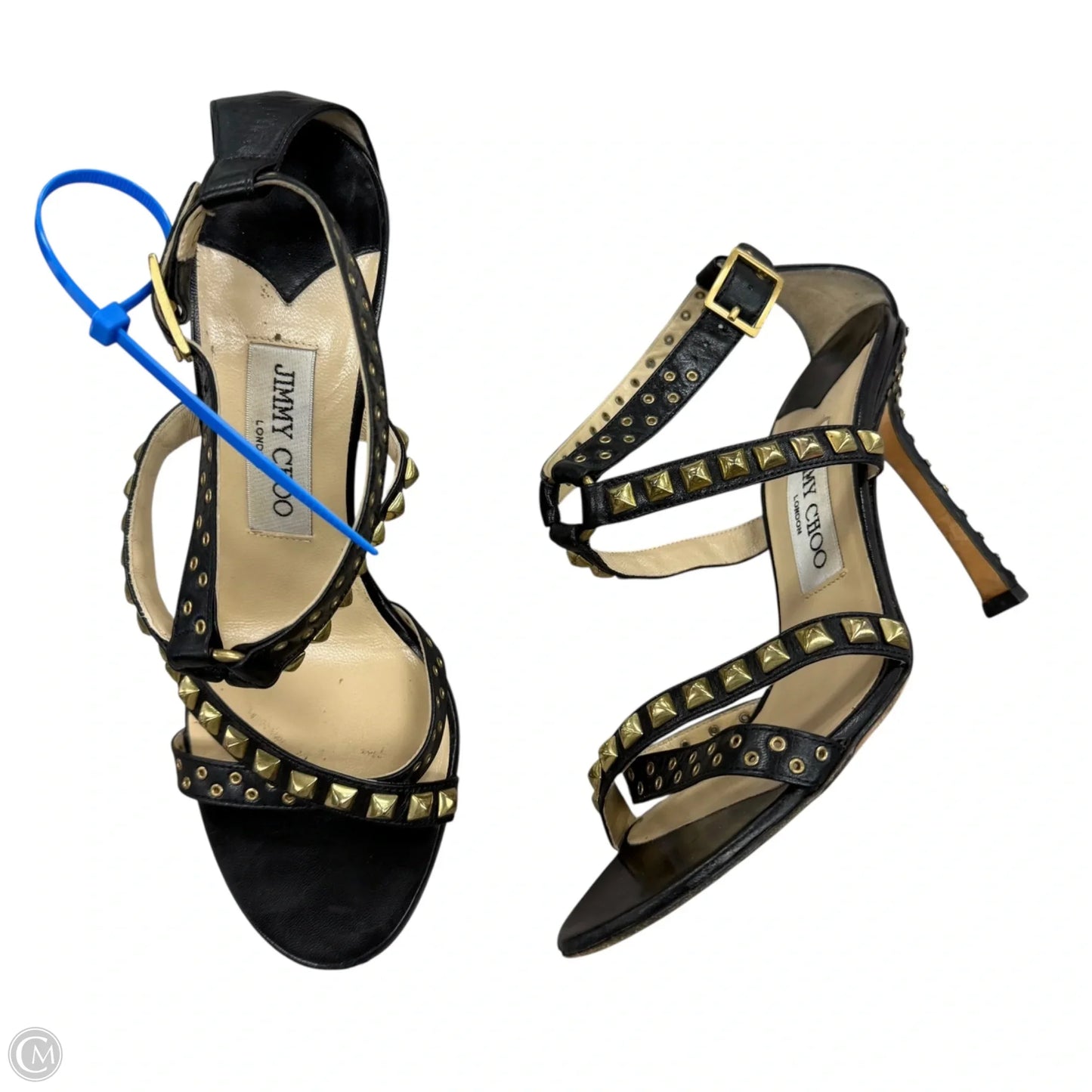 Sandals Luxury Designer By Jimmy Choo In Black & Gold, Size: 7