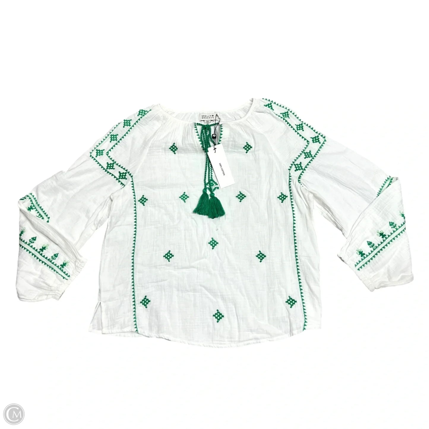 Top Long Sleeve By Molly Bracken In Green & White, Size: M
