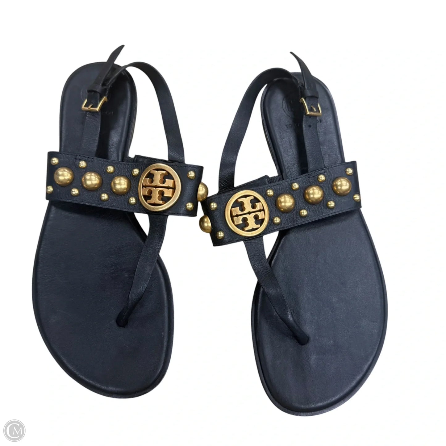 Sandals Designer By Tory Burch In Black & Gold, Size: 9
