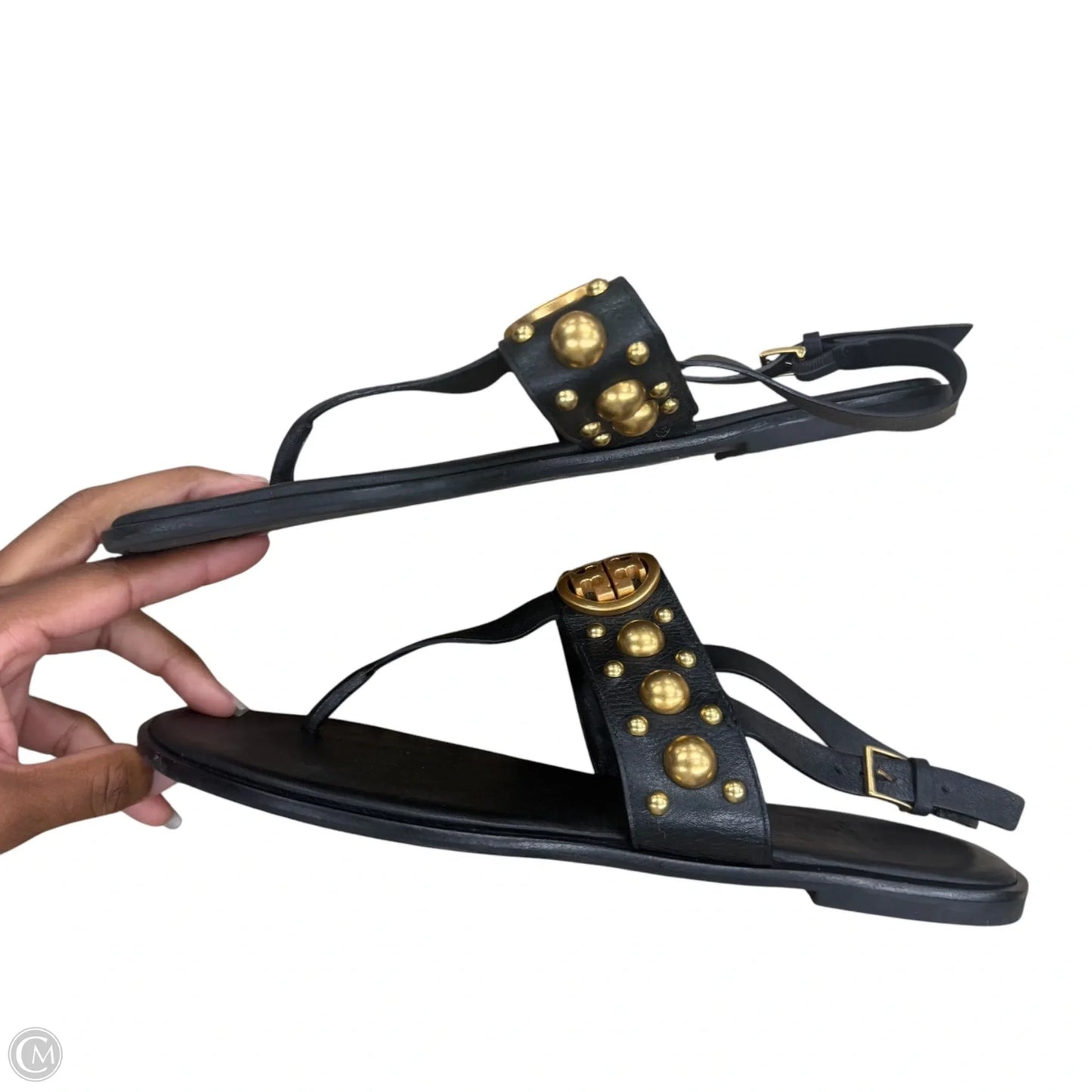 Sandals Designer By Tory Burch In Black & Gold, Size: 9