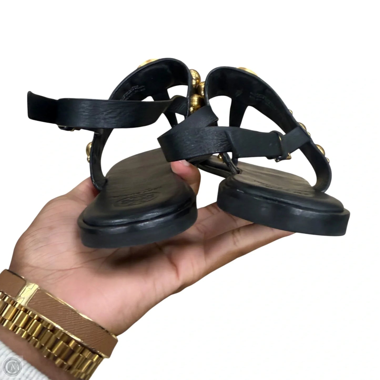 Sandals Designer By Tory Burch In Black & Gold, Size: 9