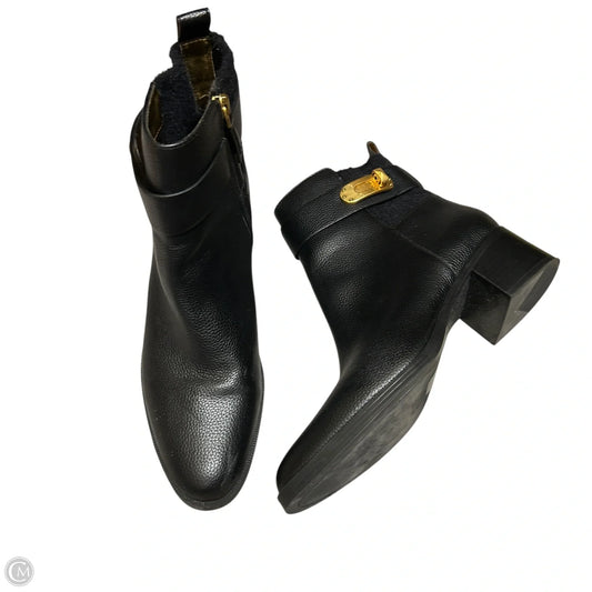 Boots Ankle Heels By Donna Karan In Black & Gold, Size: 9