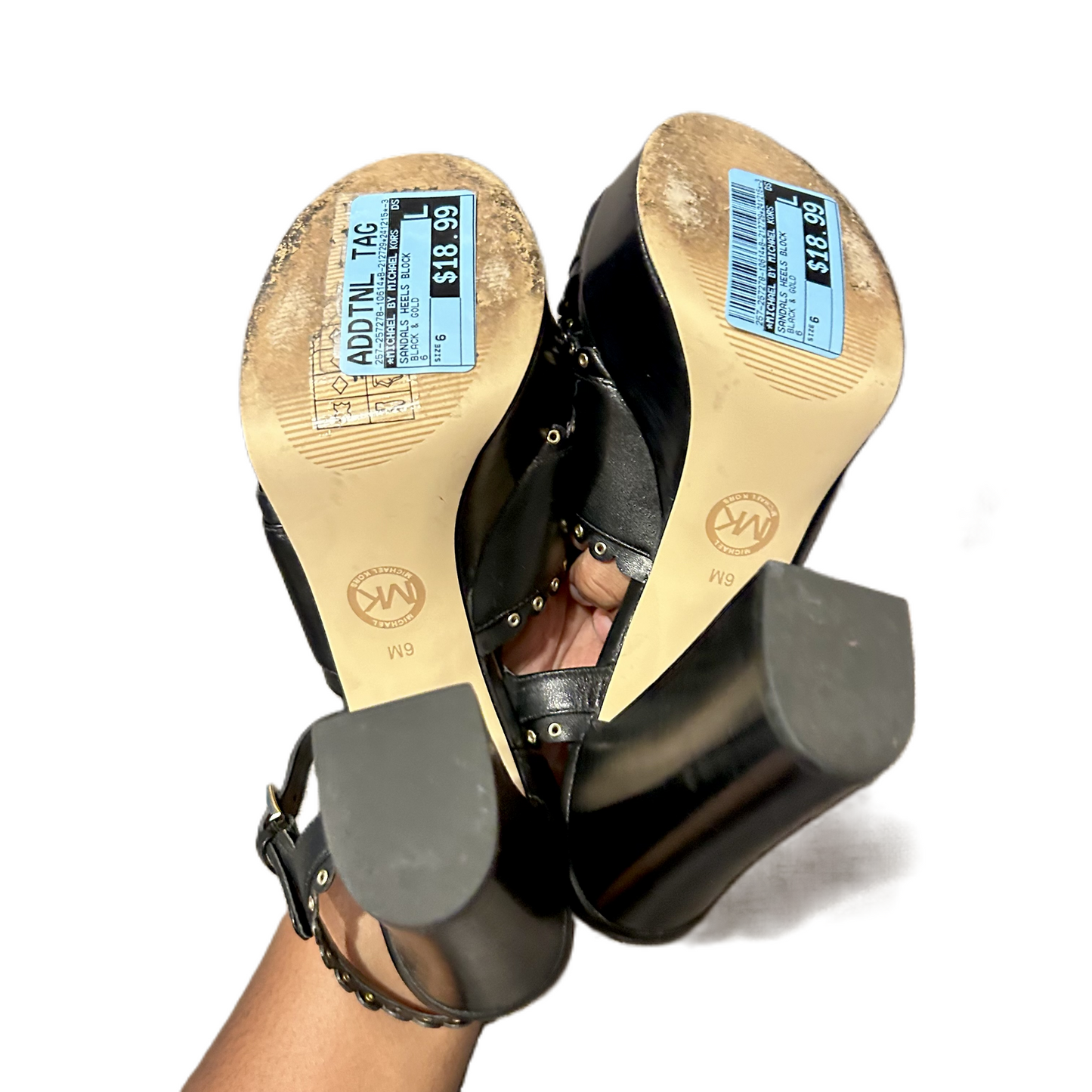 Sandals Heels Block By Michael By Michael Kors In Black & Gold, Size: 6