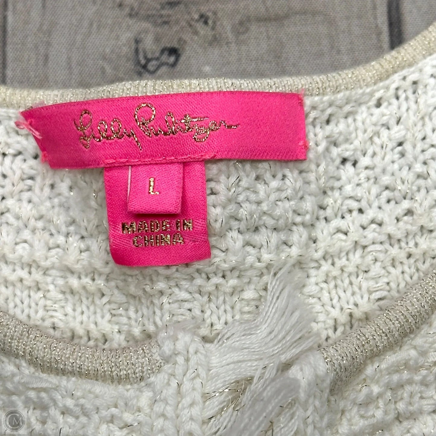 Sweater Cardigan Designer By Lilly Pulitzer In Gold & White, Size: L