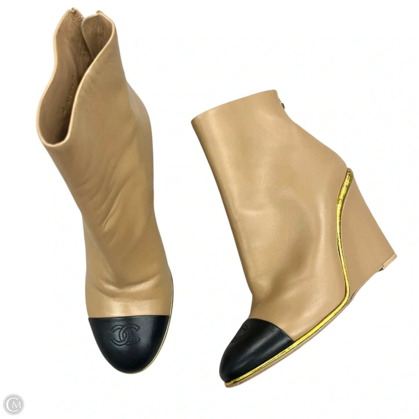 Boots Luxury Designer By Chanel In Black & Tan, Size: 8.5