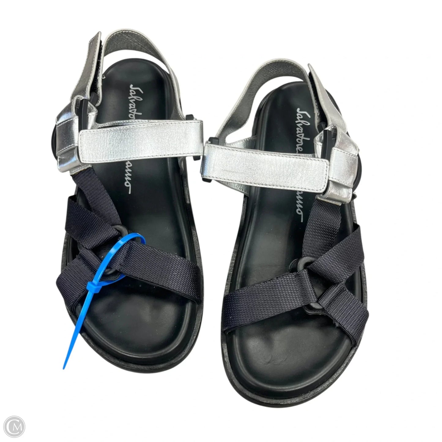 Sandals Luxury Designer By Ferragamo In Black & Silver, Size: 8
