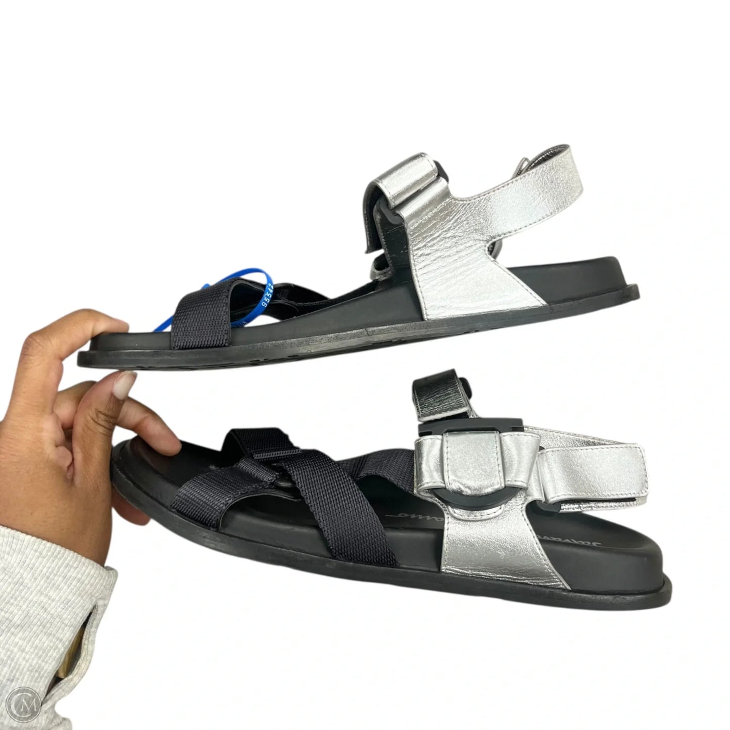 Sandals Luxury Designer By Ferragamo In Black & Silver, Size: 8