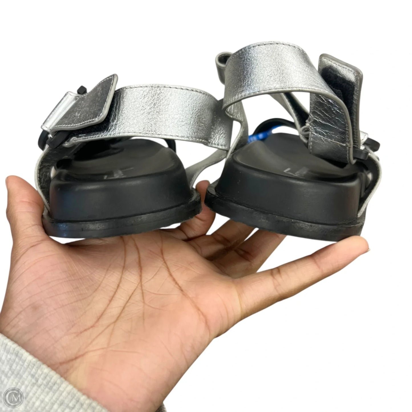 Sandals Luxury Designer By Ferragamo In Black & Silver, Size: 8