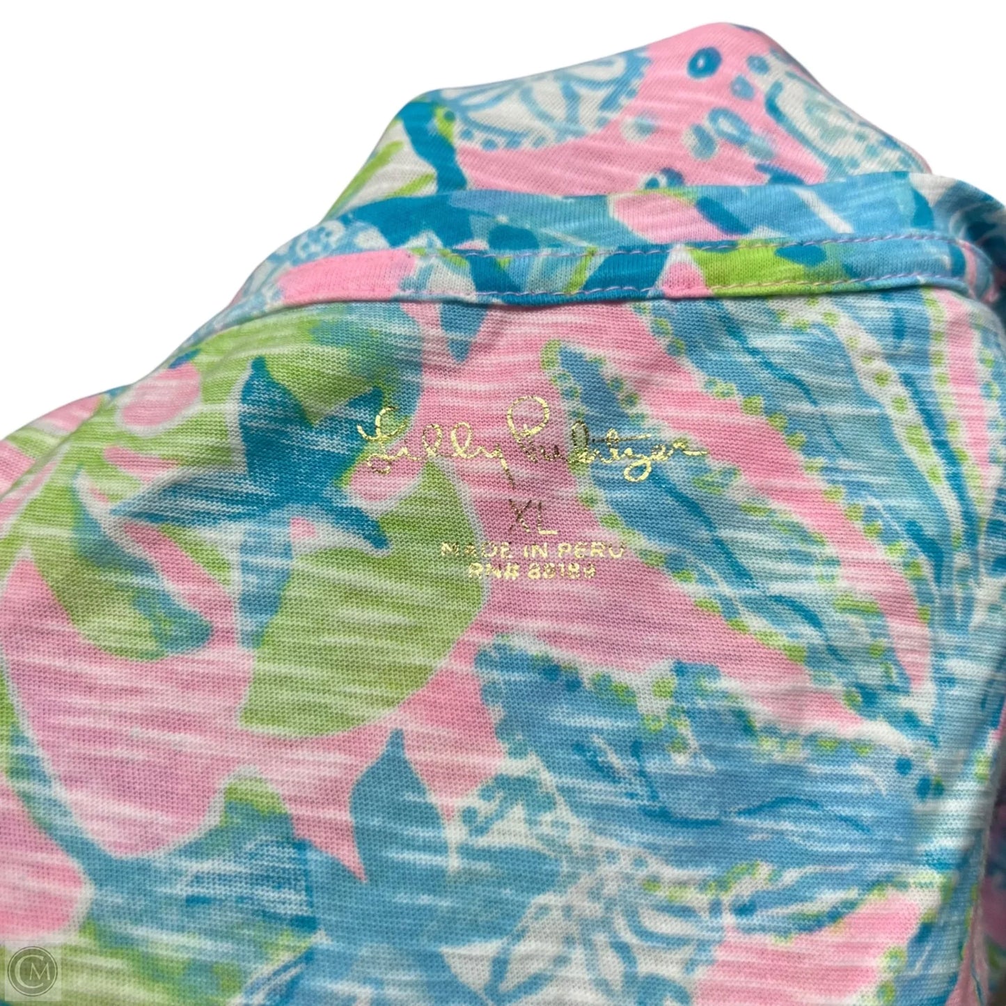 Top Short Sleeve Designer By Lilly Pulitzer In Blue & Pink, Size: Xl