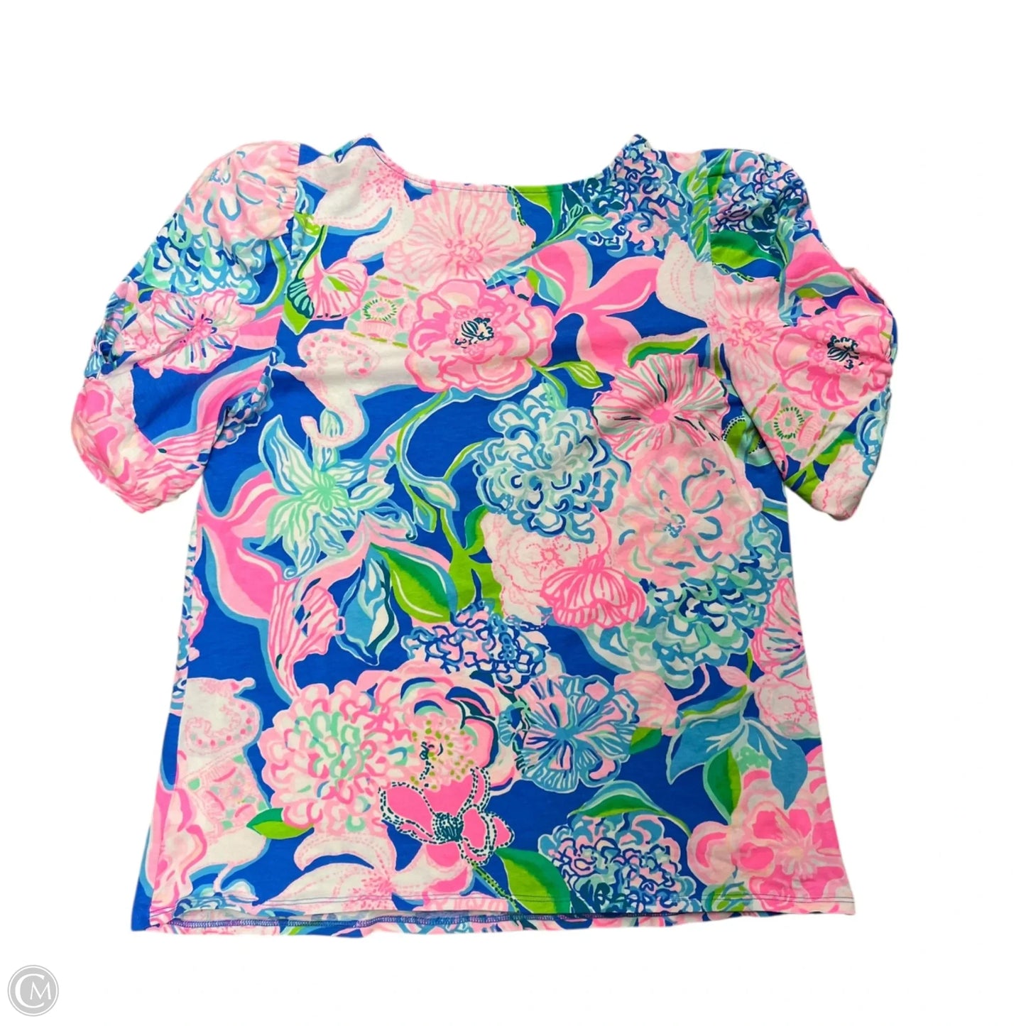 Top Short Sleeve Designer By Lilly Pulitzer In Blue & Pink, Size: L