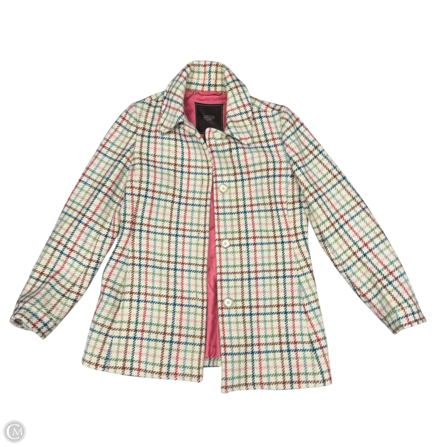 Coat Designer By Coach In Plaid Pattern, Size: M