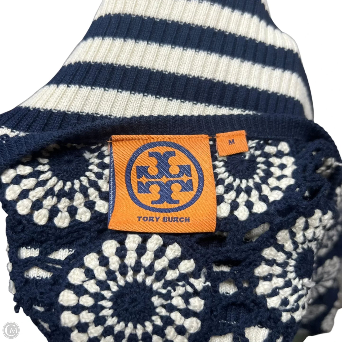 Sweater Cardigan Designer By Tory Burch In Blue & White, Size: M