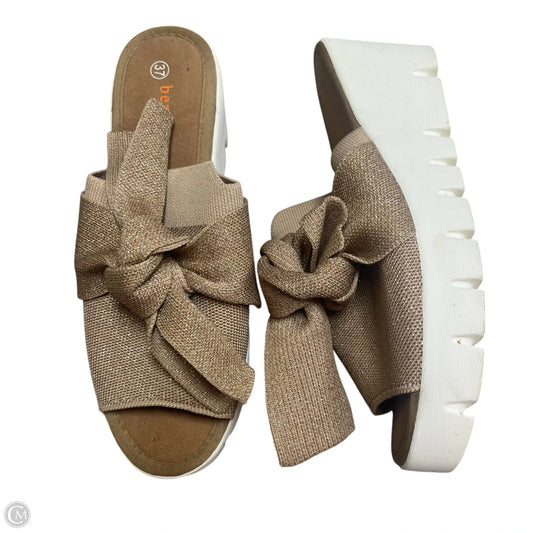 Sandals Heels Wedge By Bernie Mev In Tan & White, Size: 6.5