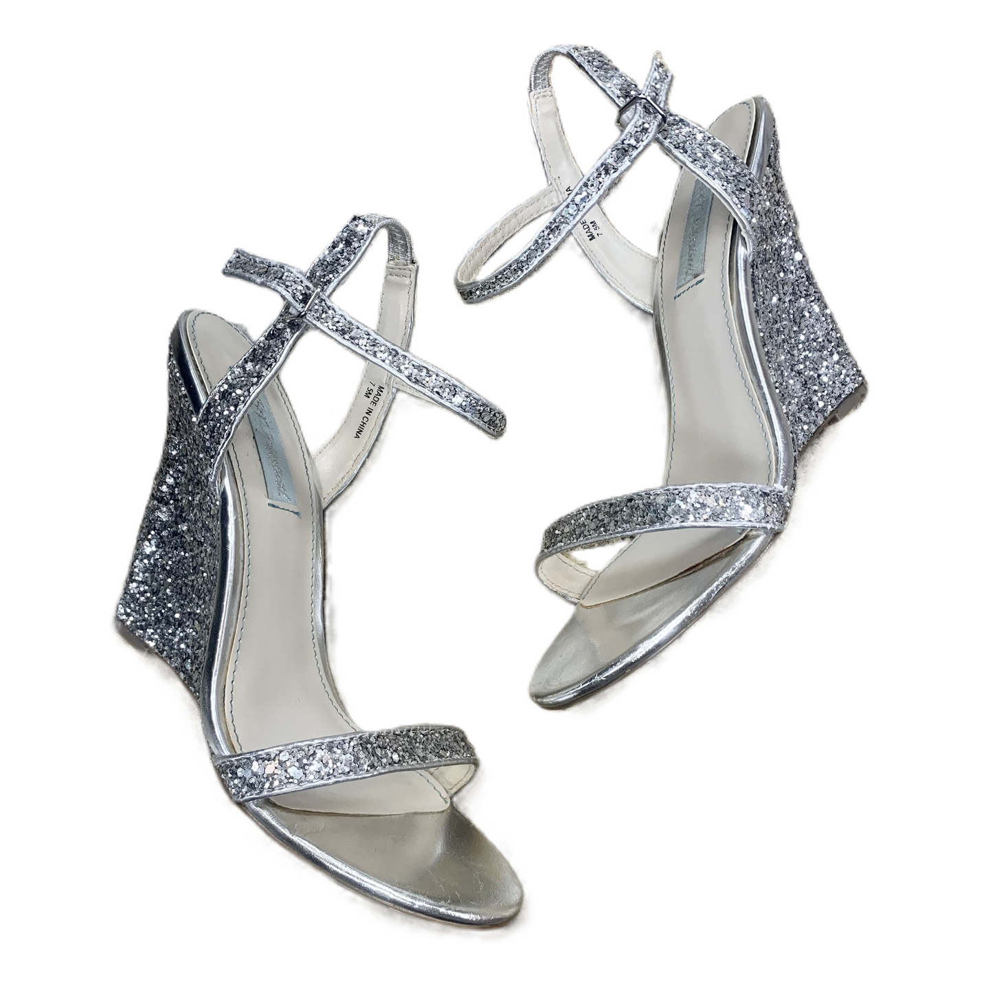 Sandals Heels Wedge By Betsey Johnson In Silver, Size: 7.5