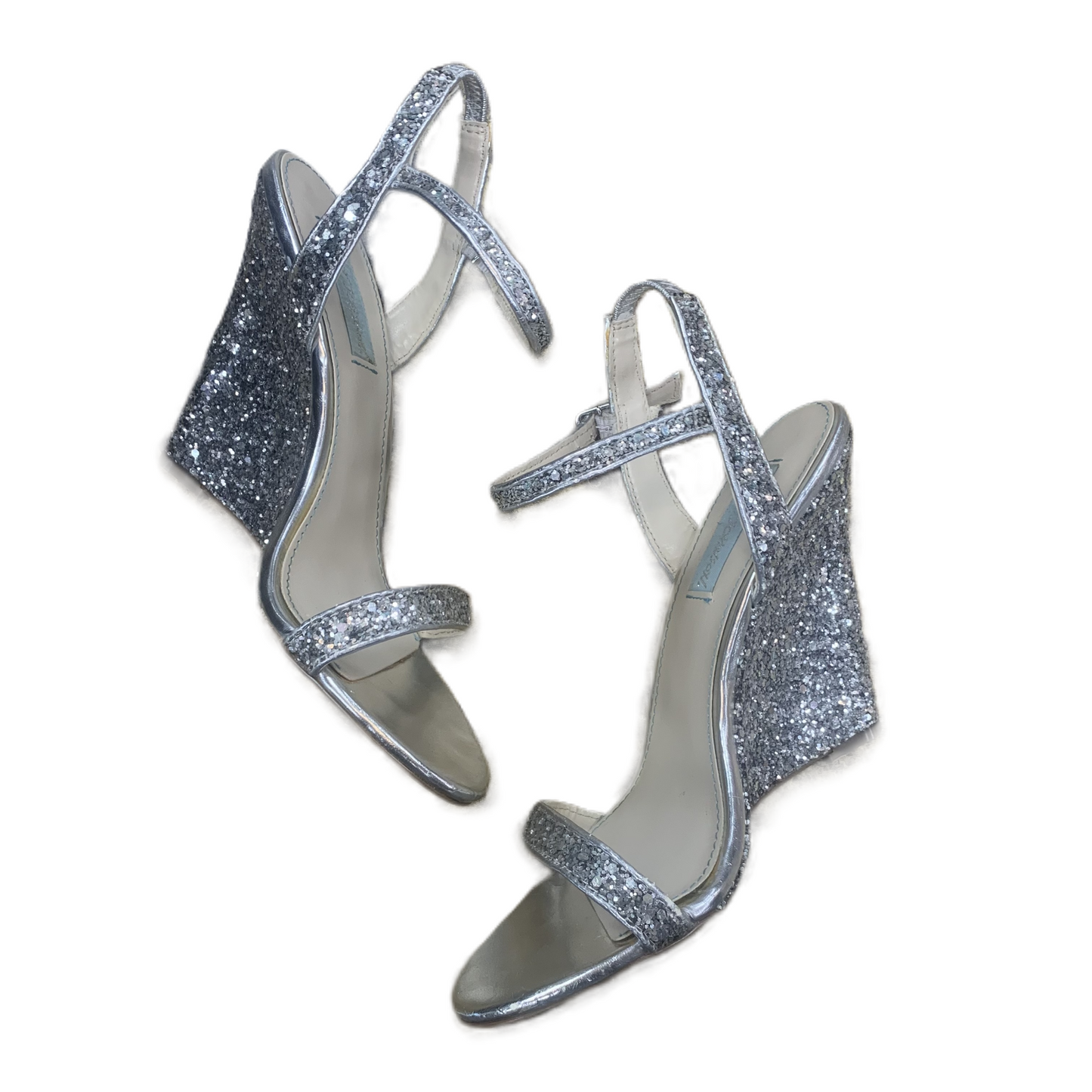 Sandals Heels Wedge By Betsey Johnson In Silver, Size: 7.5