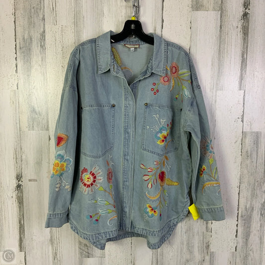 Jacket Designer By Johnny Was In Blue Denim, Size: L