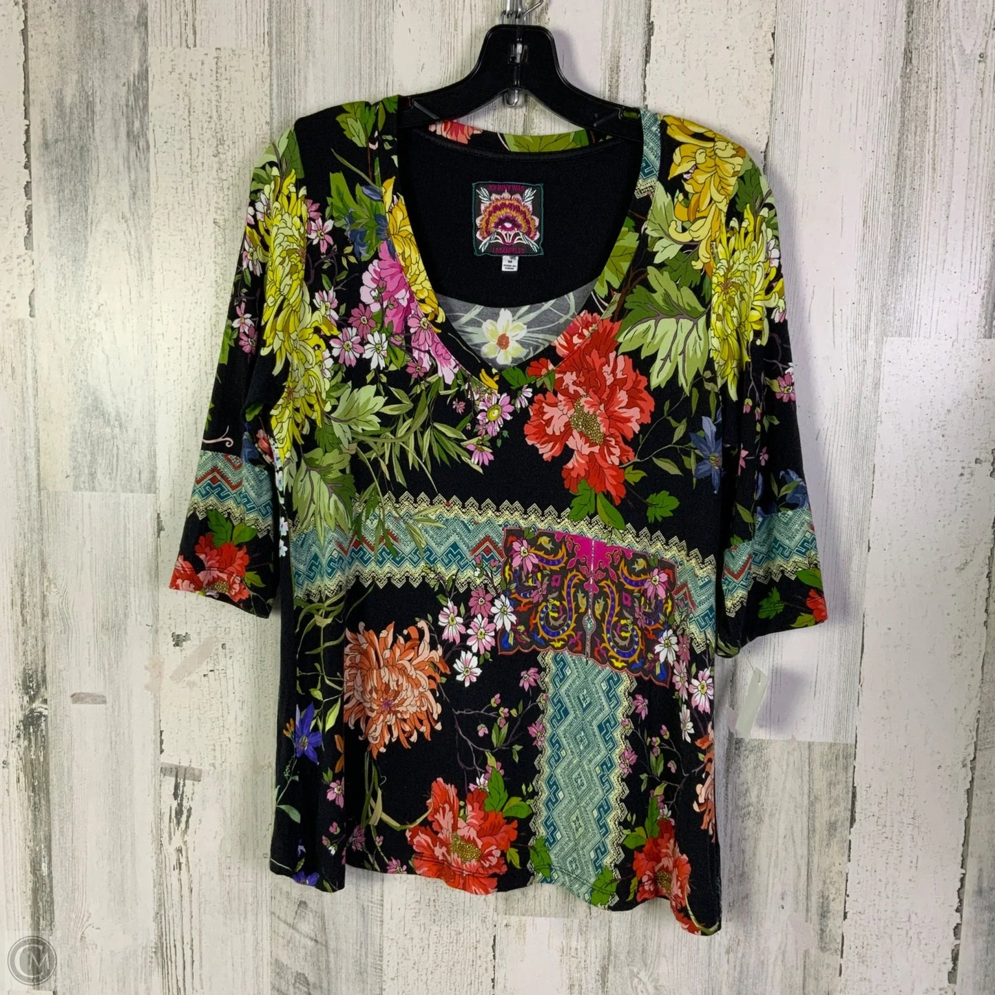 Top 3/4 Sleeve Designer By Johnny Was In Black, Size: M
