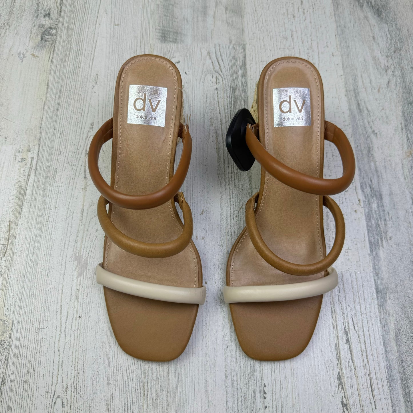 Brown & Cream Sandals Heels Block Dv, Size 7.5