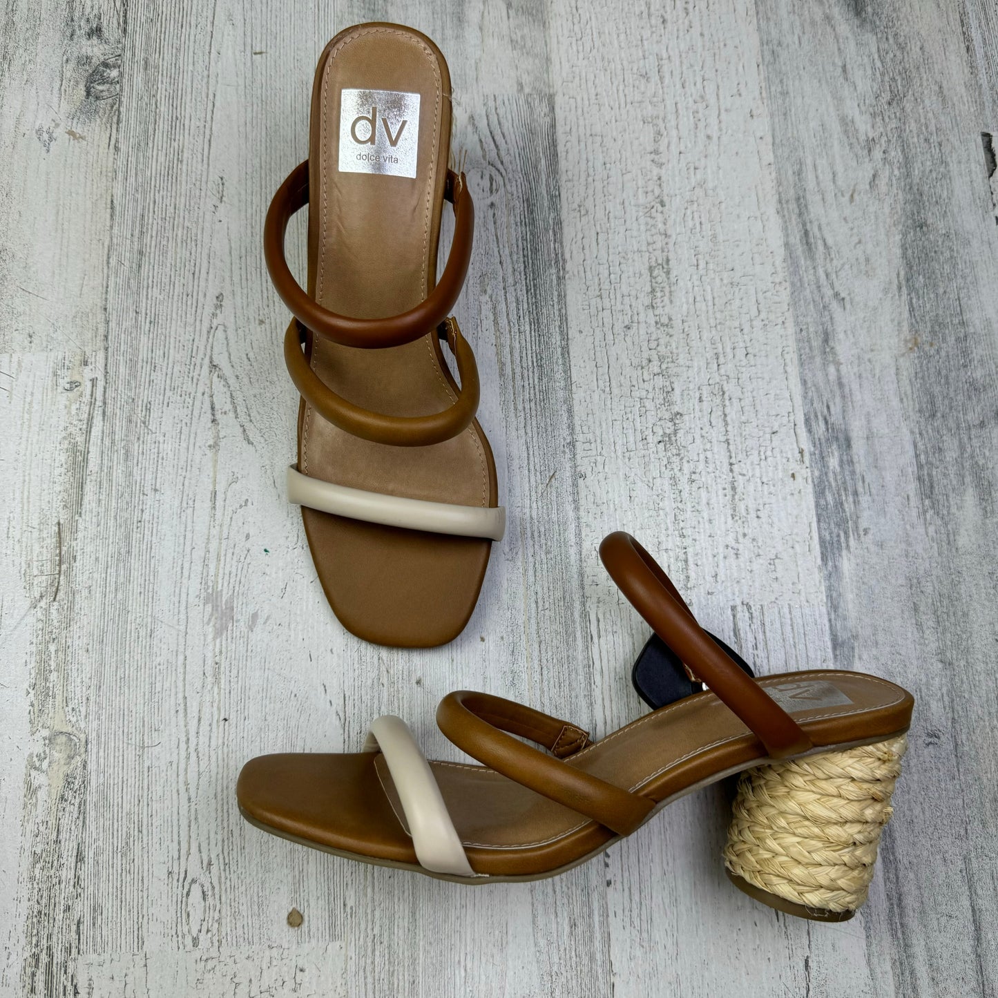 Brown & Cream Sandals Heels Block Dv, Size 7.5