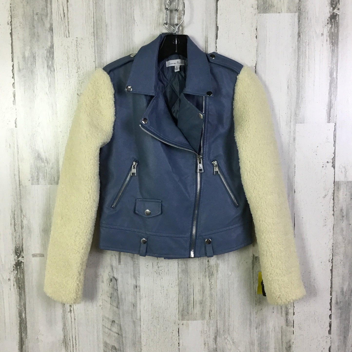 Jacket Moto By Love Tree In Blue & Cream, Size: S