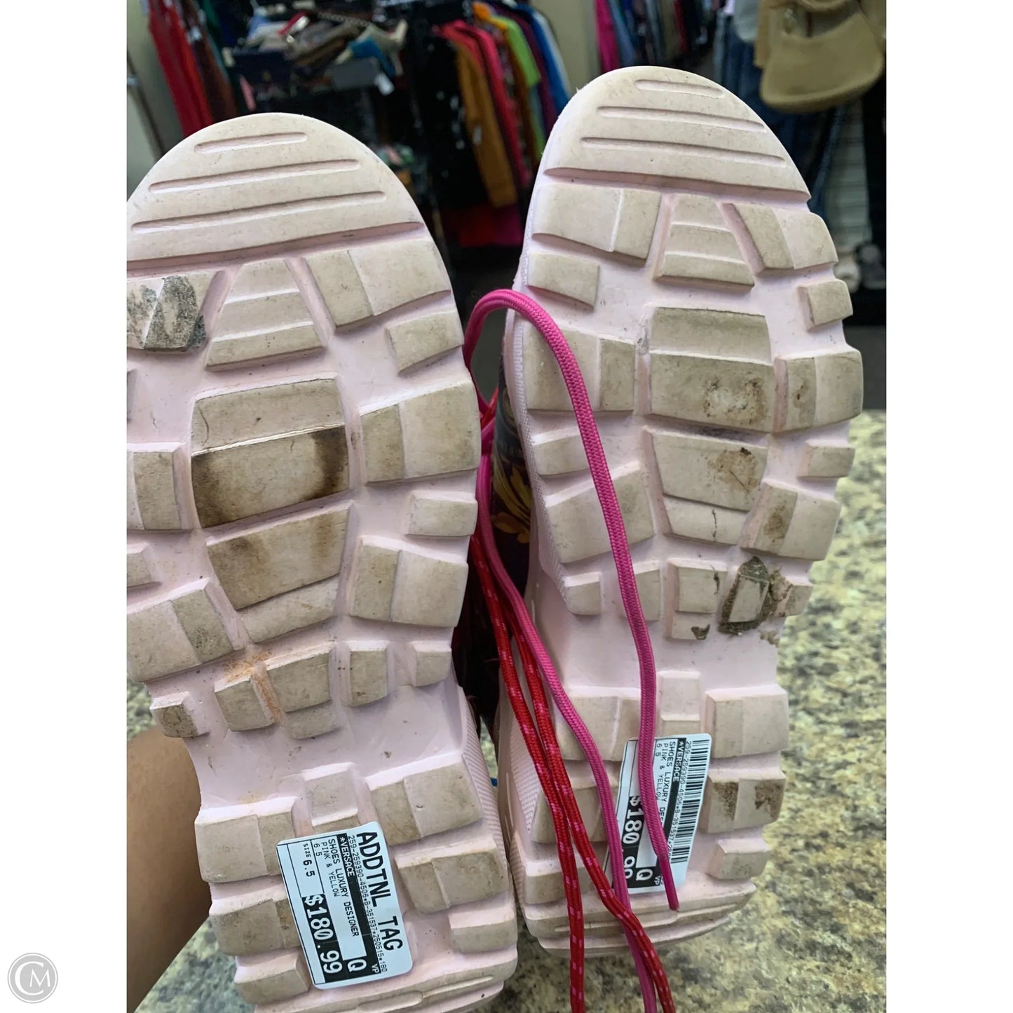 Shoes Luxury Designer By Versace In Pink & Yellow, Size: 6.5