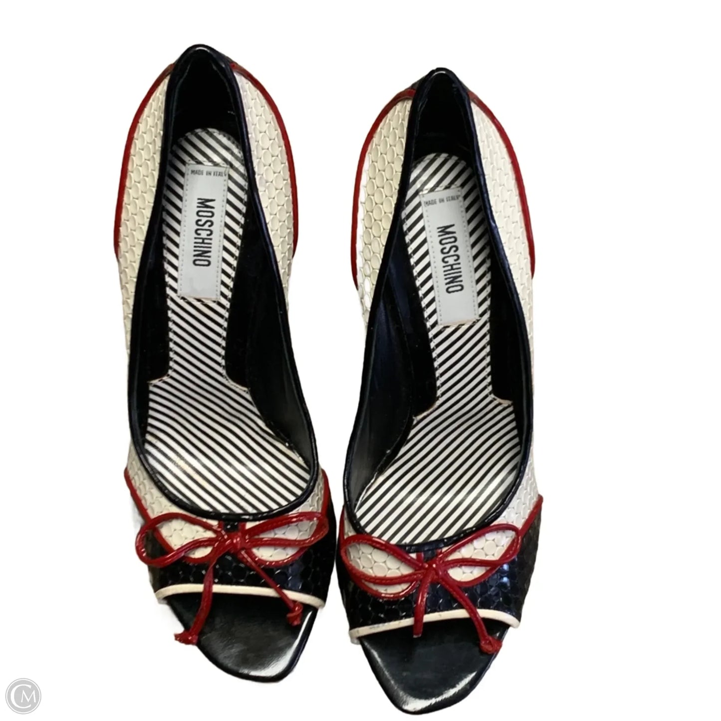 Shoes Luxury Designer By Moschino In Black & Cream, Size: 7