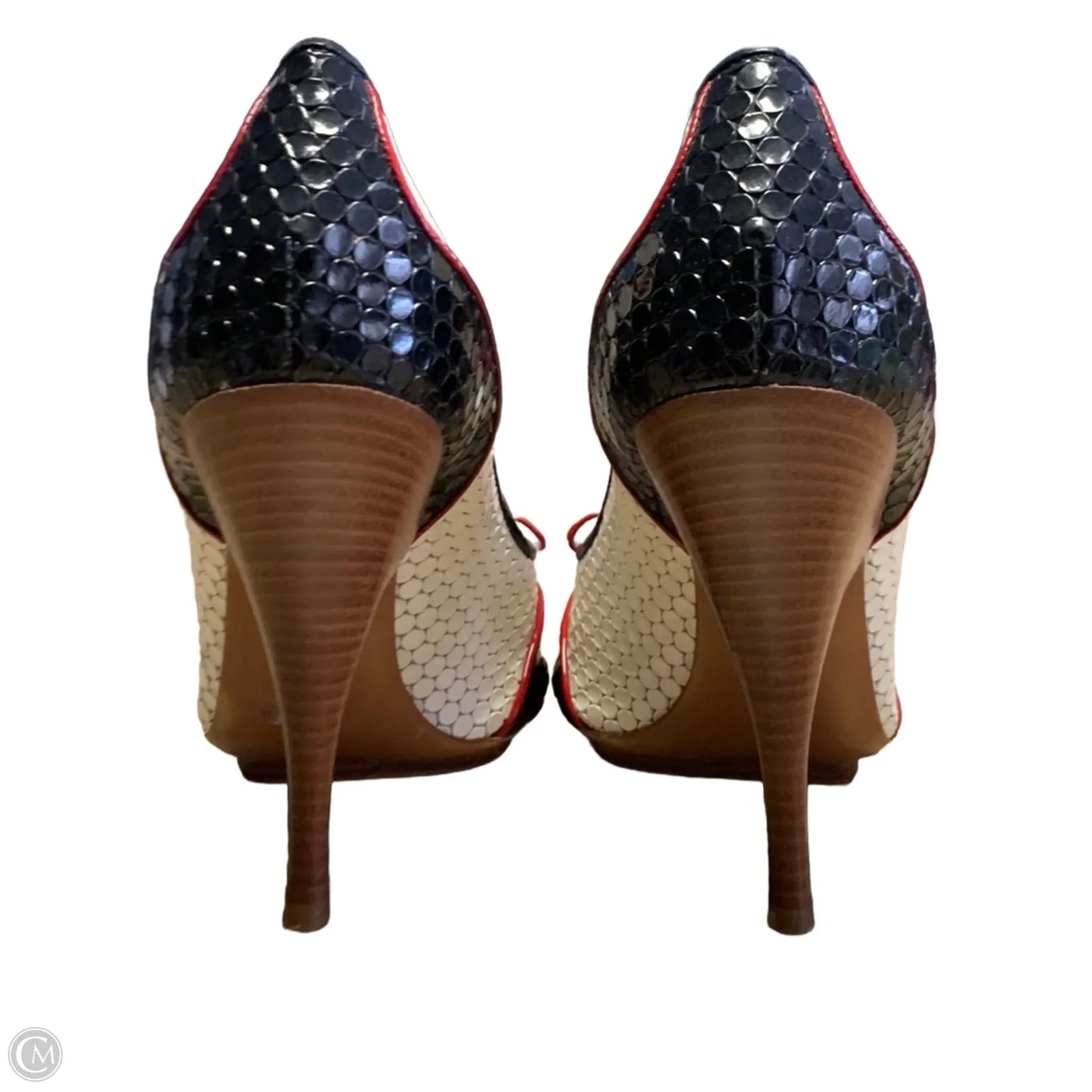 Shoes Luxury Designer By Moschino In Black & Cream, Size: 7