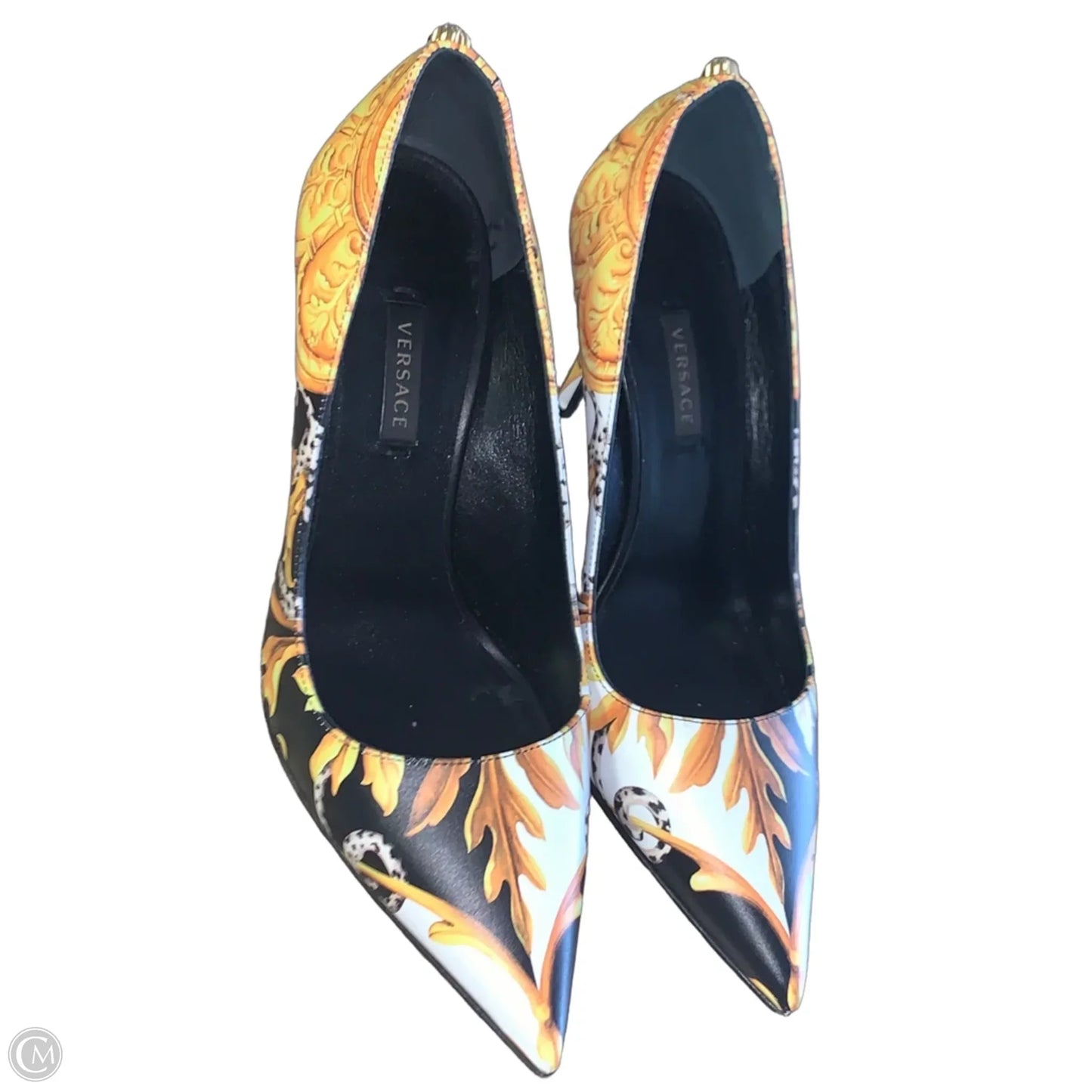 Shoes Luxury Designer By Versace In Gold & White, Size: 6