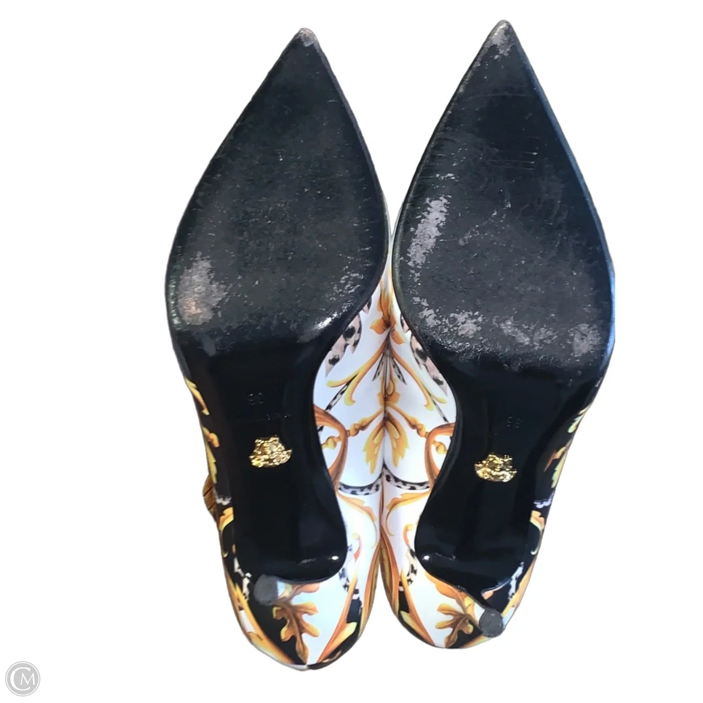 Shoes Luxury Designer By Versace In Gold & White, Size: 6