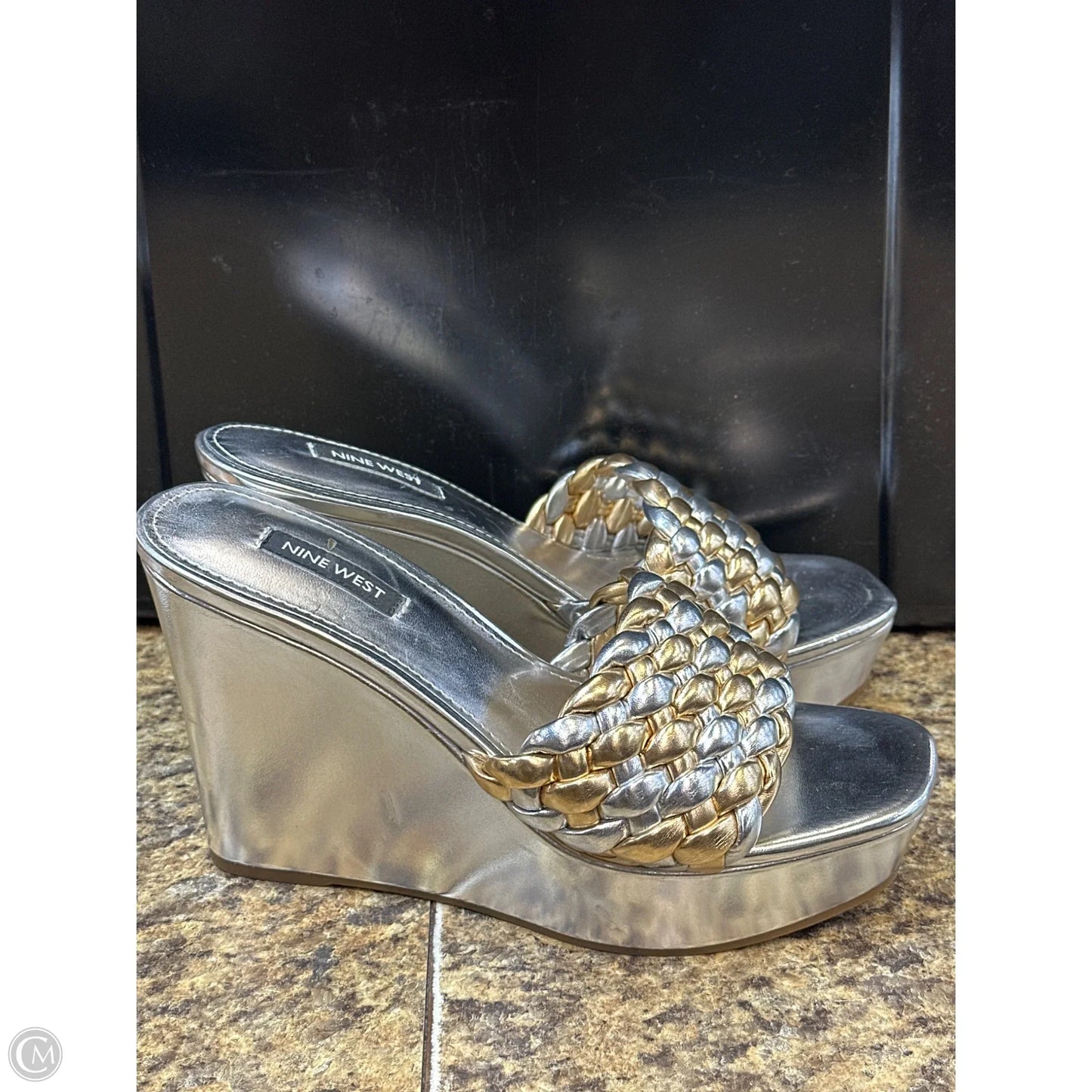 Sandals Heels Wedge By Nine West In Gold & Silver, Size: 8