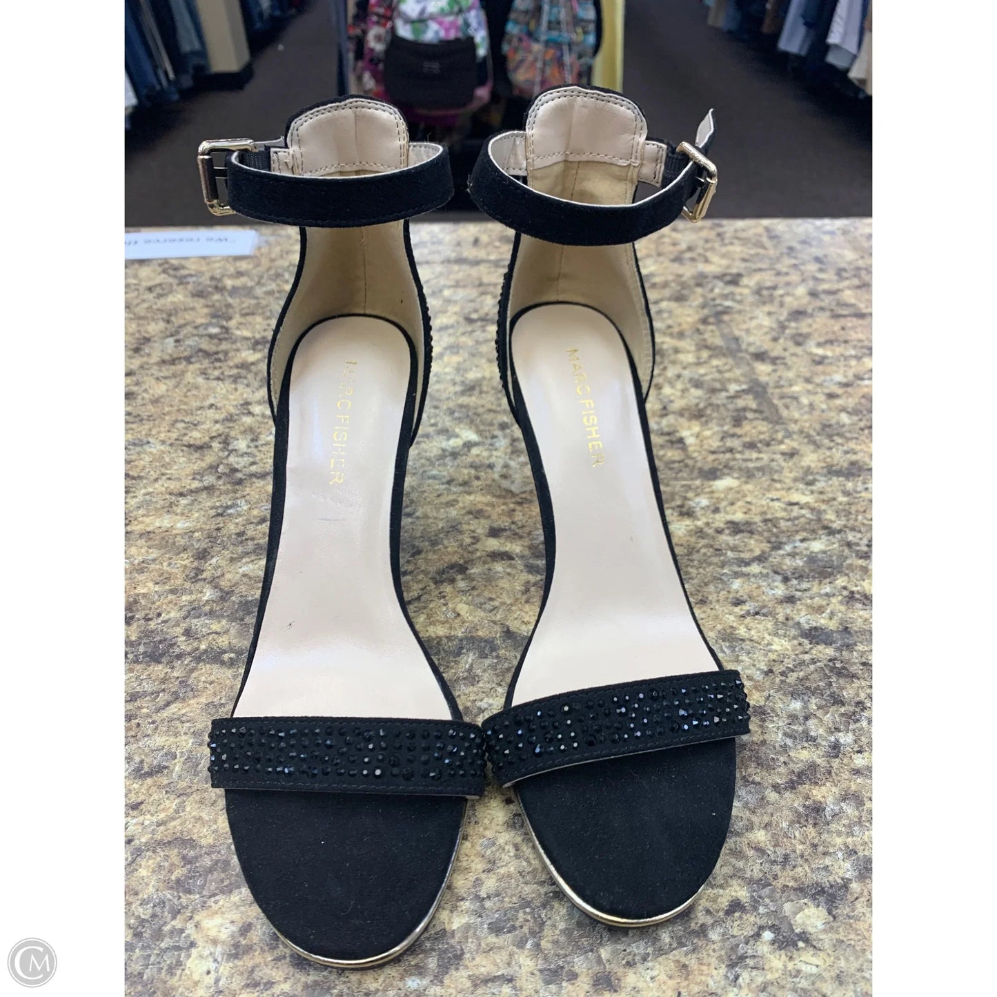 Sandals Heels Stiletto By Marc Fisher In Black & Gold, Size: 6.5