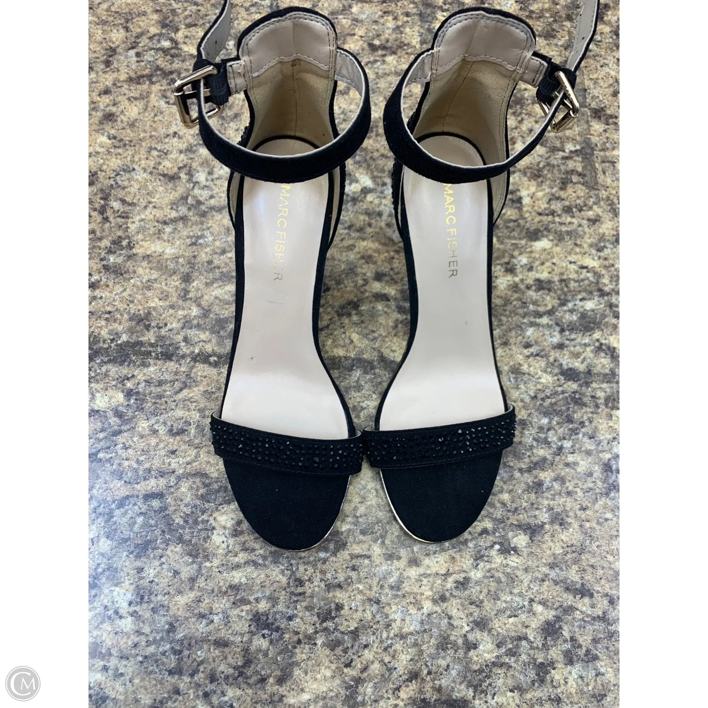 Sandals Heels Stiletto By Marc Fisher In Black & Gold, Size: 6.5