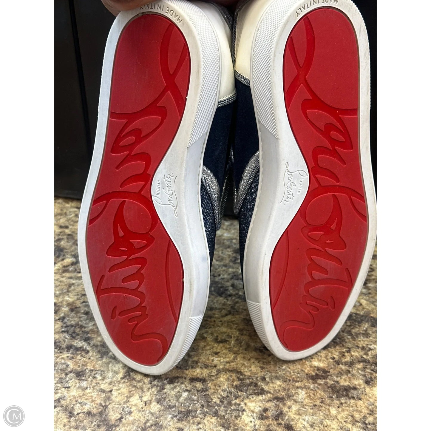 Shoes Luxury Designer By Christian Louboutin In Blue & Silver, Size: 8