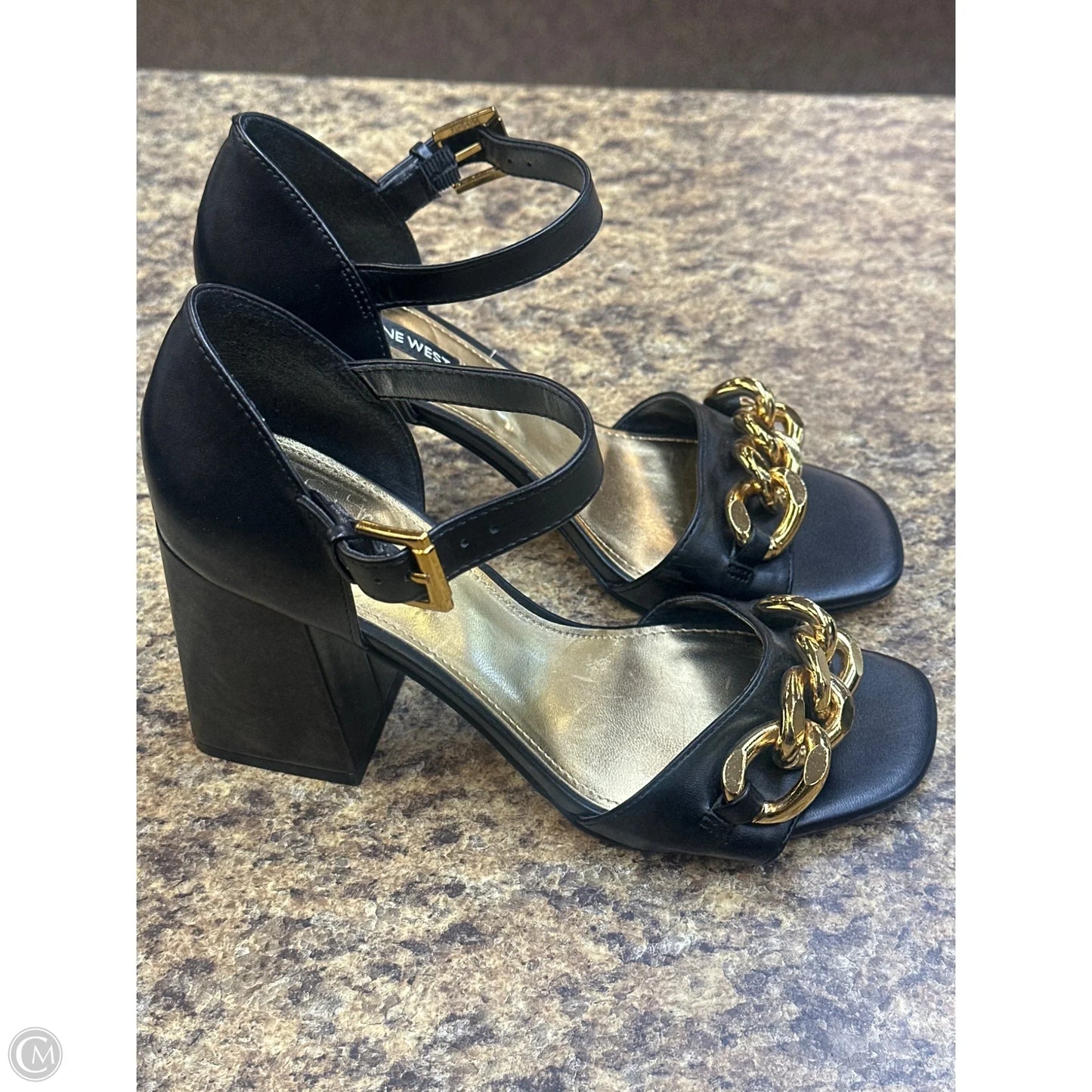 Sandals Heels Block By Nine West In Black & Gold, Size: 7.5