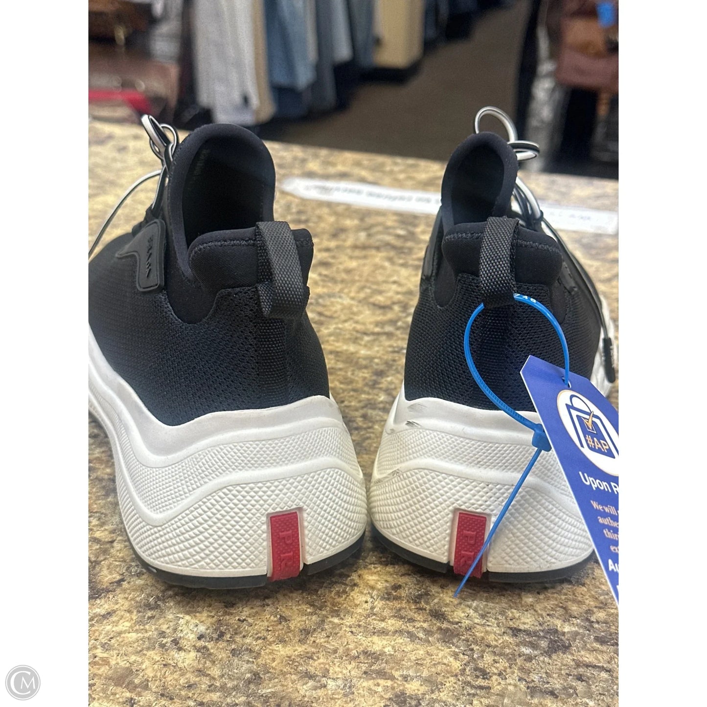 Shoes Luxury Designer By Prada In Black & White, Size: 7