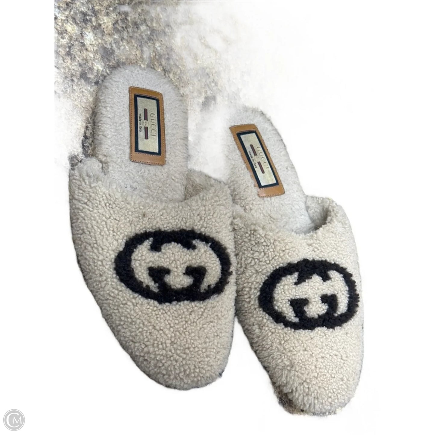 Slippers Luxury Designer By Gucci In Brown & Cream, Size: 9