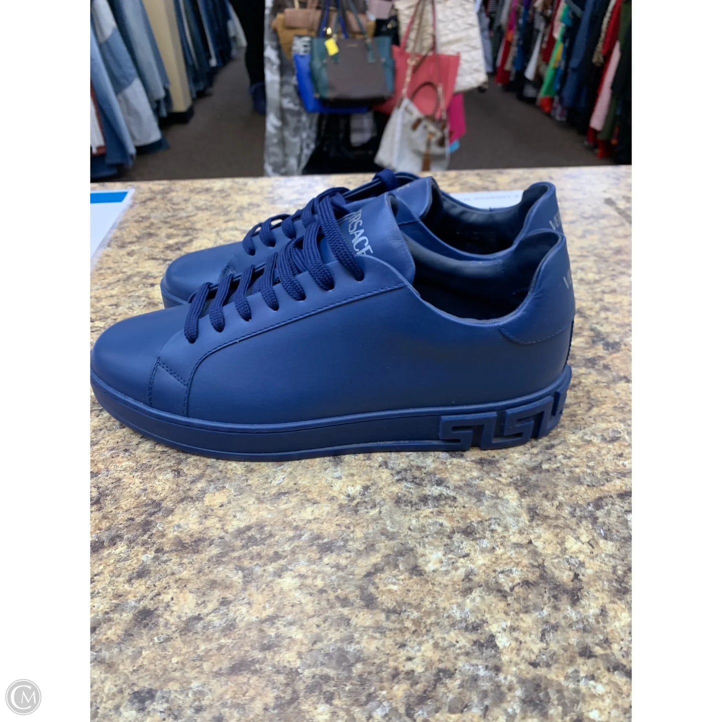 Shoes Luxury Designer By Versace In Blue, Size: 9