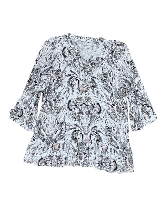 Top 3/4 Sleeve By Tribal In Grey & White, Size:M