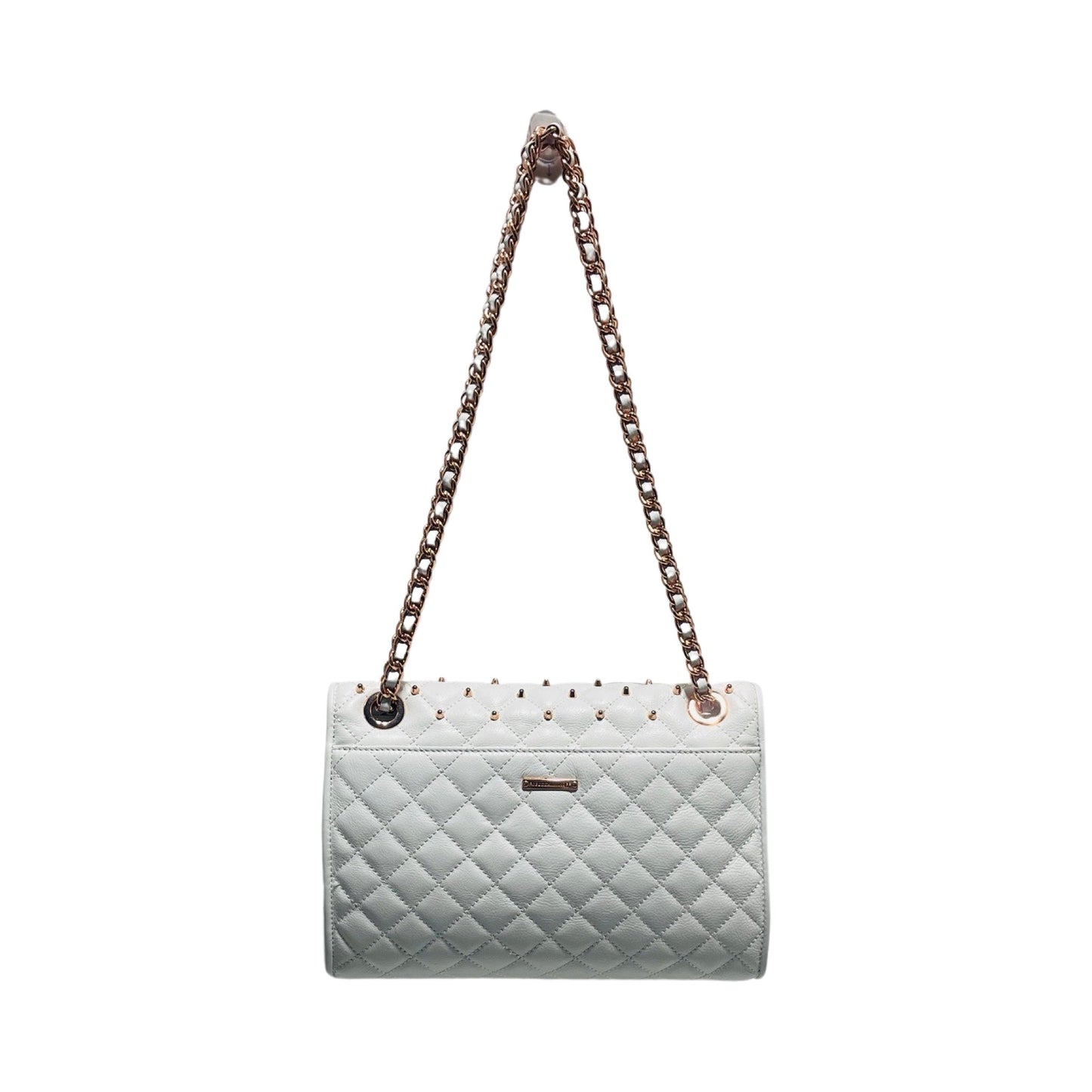 Quilted Leather Studded Gold-Toned Hardware Snap Zip Closure Chain-Link Strap White Shoulder Handbag Designer By Rebecca Minkoff  Size: Medium