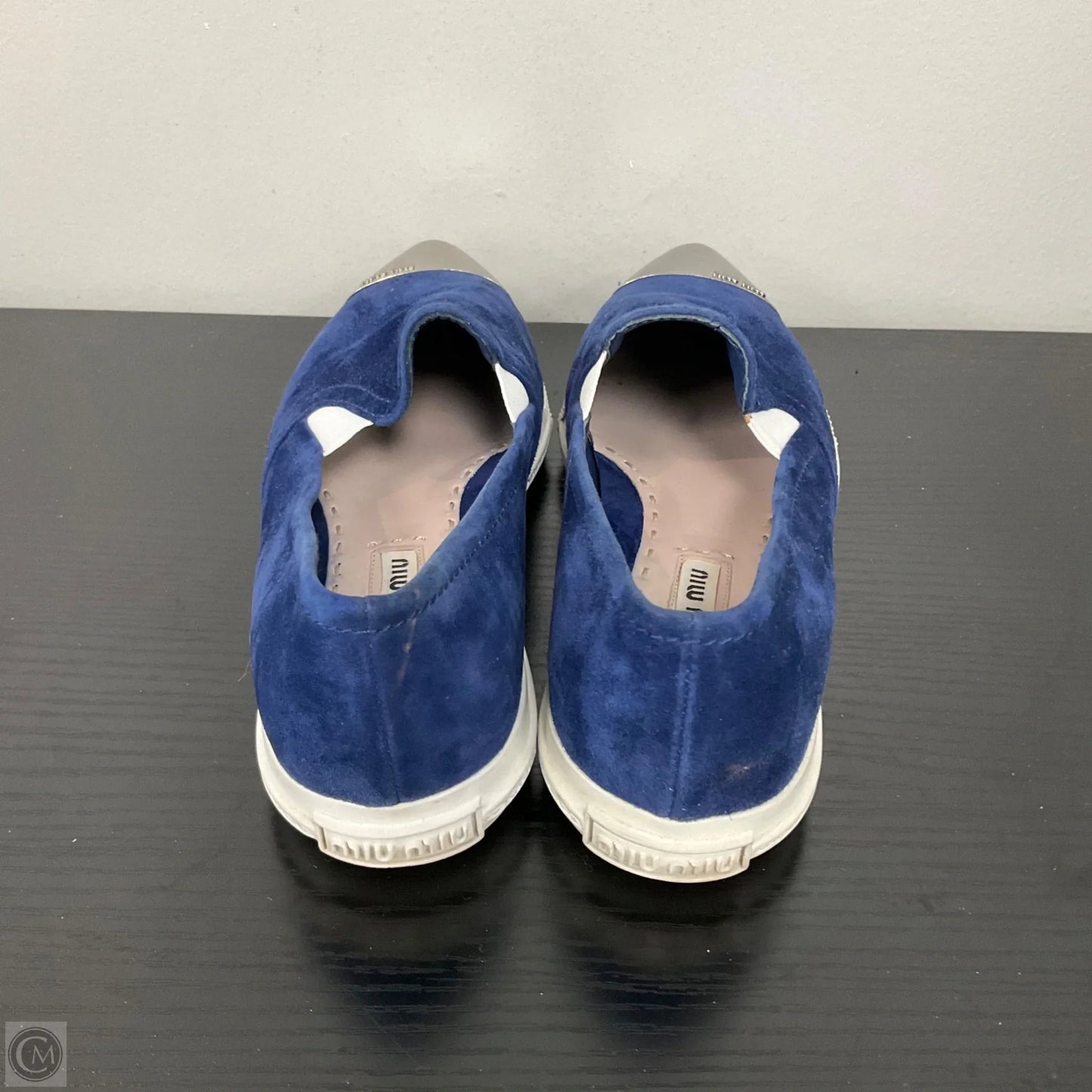 Shoes Luxury Designer By Miu Miu In Blue & Silver, Size: 6.5