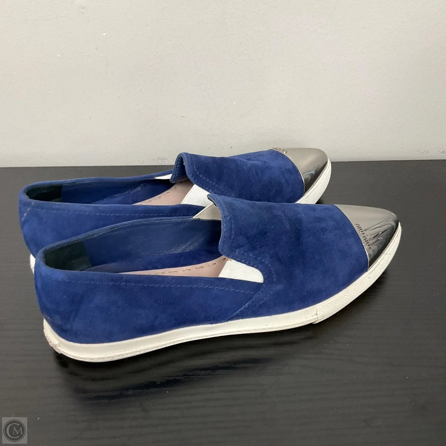 Shoes Luxury Designer By Miu Miu In Blue & Silver, Size: 6.5