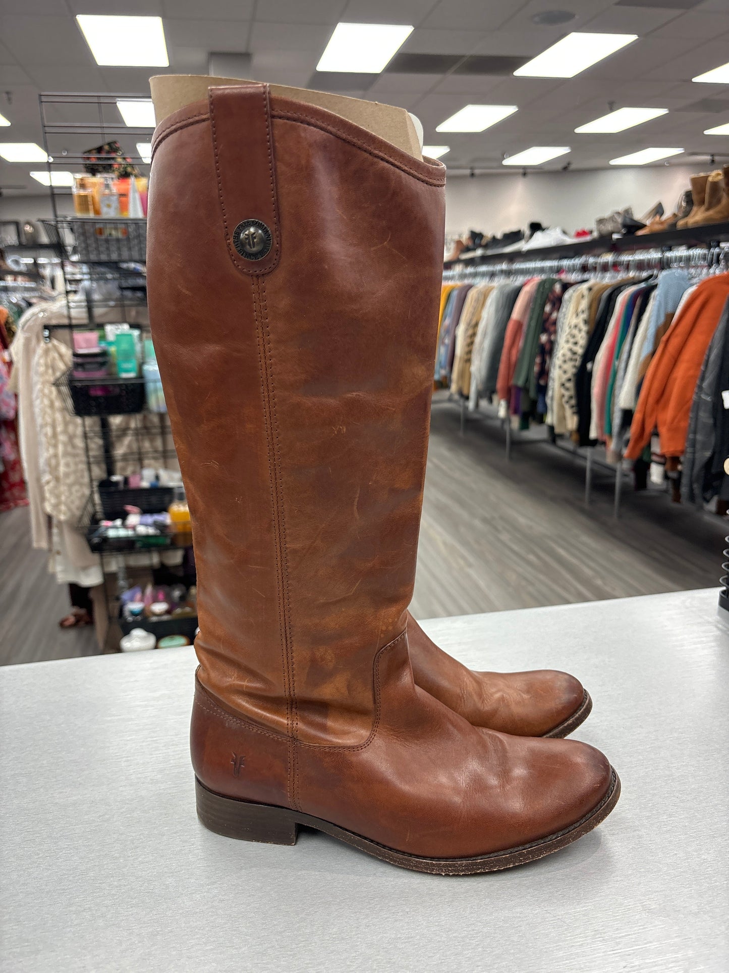 Boots Knee Heels By Frye In Brown, Size: 8.5